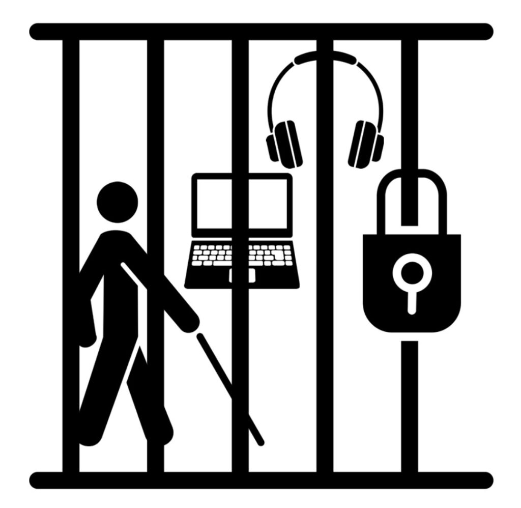 Icon showing blind person using cane, laptop, and headphones, all behind prison bars.