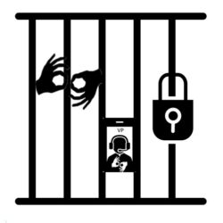 Icon of prison bars with hands signing the ASL sign for "interpreter" and an icon depicting a videophone screen.