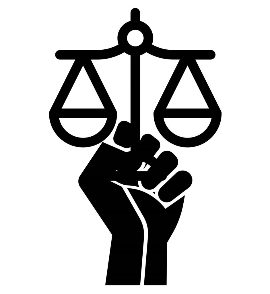 icon of a raised fist holding legal scales