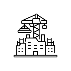 Icon of building under construction with crane and scaffolding.