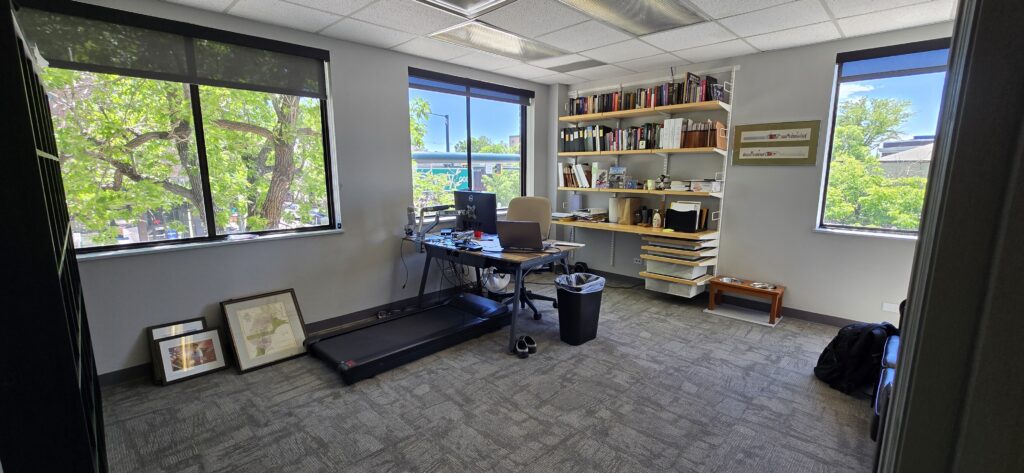 Office with desk, bookcase and enormous windows. 