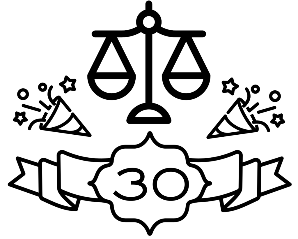 Icon image of legal scales flanked on either side by party horns, all above a banner that says "30"