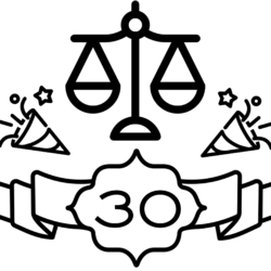 Icon image of legal scales flanked on either side by party horns, all above a banner that says "30"